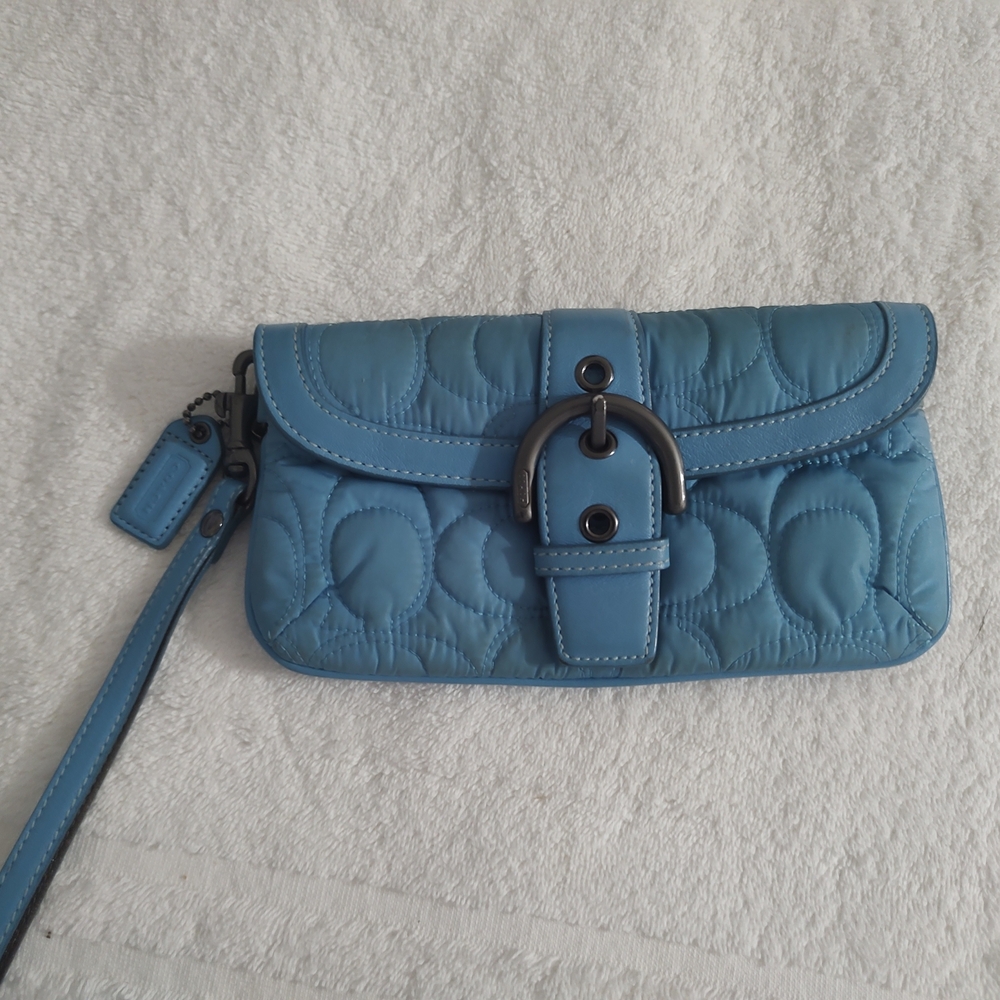 Coach Blue Quilted Wristlet Clutch with Buckle Accent